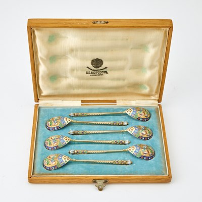 Lot 550 - Set of Six Russian Silver-Gilt and Cloisonné Enamel Spoons