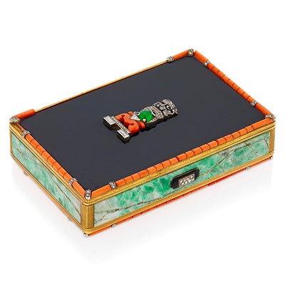 Lot 188 - Cartier Art Deco Gold, Platinum, Black Onyx, Coral, Jade, Diamond and Emerald Vanity, France