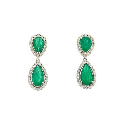 Lot 1156 - Pair of White Gold, Emerald and Diamond Pendant-Earrings