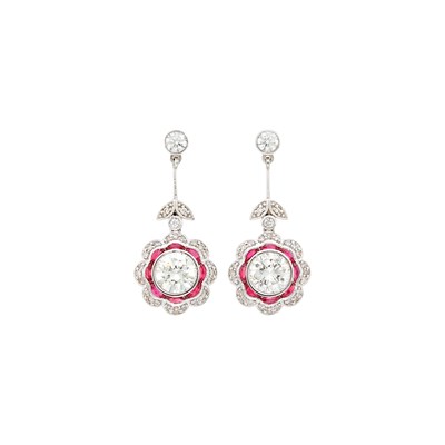 Lot 1175 - Pair of Platinum, Diamond and Ruby Pendant-Earrings