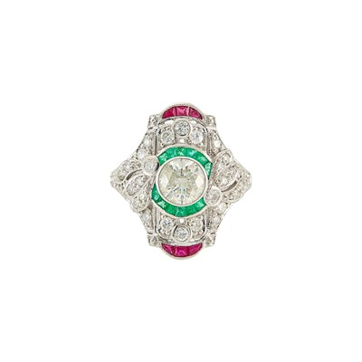 Lot 1159 - White Gold, Emerald, Ruby and Diamond Ring