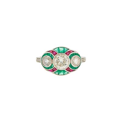 Lot 1133 - White Gold, Diamond, Emerald and Ruby Ring