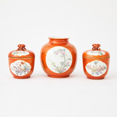 Lot 294 - A Group of Three Chinese Coral Ground Porcelain Articles