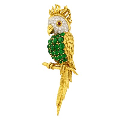 Lot 1107 - Gold, Platinum, Cabochon Emerald, Diamond and Ruby Cockatoo Clip-Brooch