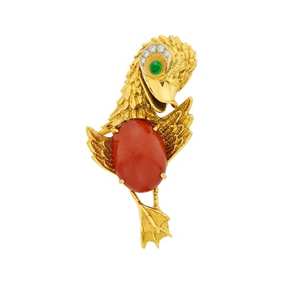 Lot 12 - Two-Color Gold, Coral, Cabochon Emerald and Diamond Duck Clip-Brooch