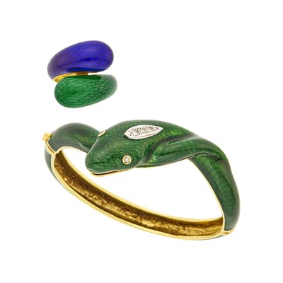 Lot 1114 - Gold, Green Enamel and Diamond Snake Bangle Bracelet and Blue and Green Enamel Bombé Bypass Ring