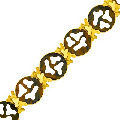 Lot 1041 - Wolfers Gold and Carved Tiger's Eye Link Bracelet