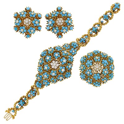 Lot 110 - Suite of Two-Color Gold, Turquoise and Diamond Floret Jewelry