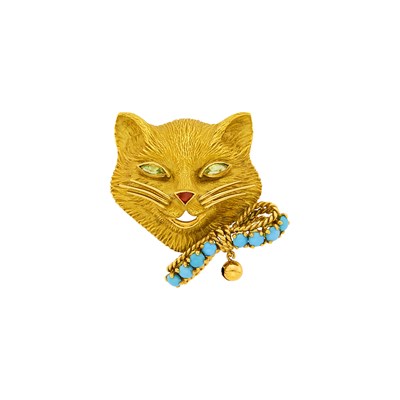 Lot 1013 - Fred Paris Gold, Peridot, Turquoise and Coral Cat Clip-Brooch