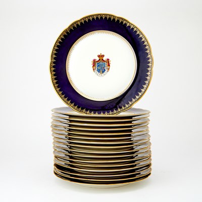 Lot 37 - Seventeen Richard Ginori Porcelain Cobalt-Blue Ground Heraldic Plates