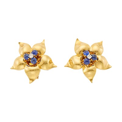 Lot 1067 - Pair of Gold, Cabochon Sapphire and Diamond Flower Earclips