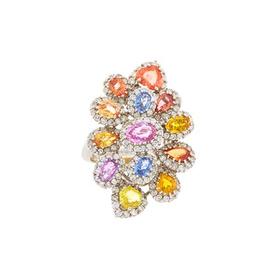 Lot 1040 - White Gold, Multicolored Sapphire and Diamond Cluster Ring