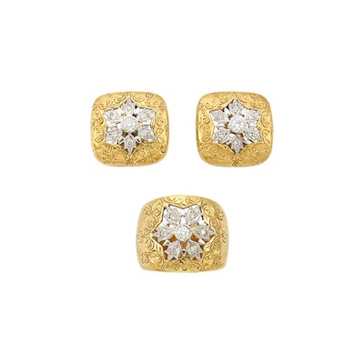 Lot 1237 - Pair of Two-Color Gold and Diamond Earrings and Ring