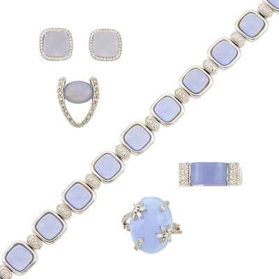 Lot 1276 - Group of White Gold, Blue Chalcedony and Diamond Jewelry