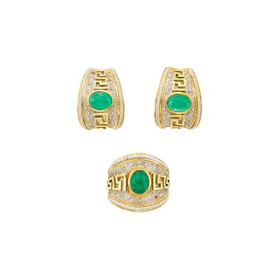 Lot 1255 - Pair of Two-Color Gold, Cabochon Emerald and Diamond Earrings and Ring