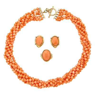 Lot 1288 - Five Strand Coral Bead Torsade Necklace, Pair of Earclips and Ring