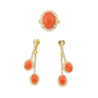 Lot 1235 - Pair of Gold, Coral and Diamond Pendant-Earrings and Ring