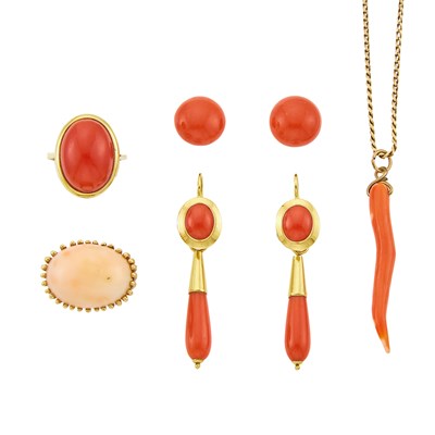 Lot 1287 - Group of Gold and Coral Jewelry