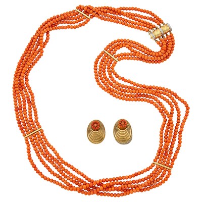 Lot 1110 - Long Five Strand Coral Bead and Gold Necklace with Gold and Diamond Clasp and Pair of Earrings