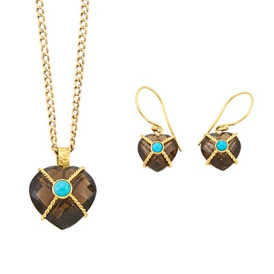 Lot 1203 - Gold, Smoky Quartz and Turquoise Pendant with Gold Chain Necklace and Pair of Pendant-Earrings