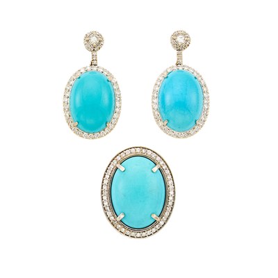 Lot 1264 - Pair of White Gold, Turquoise and Diamond Pendant-Earrings and Ring