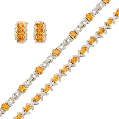 Lot 1043 - White Gold, Orange Sapphire and Diamond Bracelet and Spessartite Garnet and Diamond Bracelet and Pair of Earclips