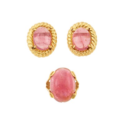 Lot 1267 - Pair of Gold and Cabochon Pink Tourmaline Earrings and Ring