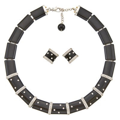 Lot 1164 - White Gold, Black Onyx and Diamond Necklace and Pair of Earrings