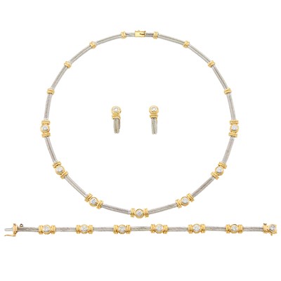 Lot 1035 - Two-Color Gold and Diamond Necklace, Bracelet and Pair of Hoop Earrings