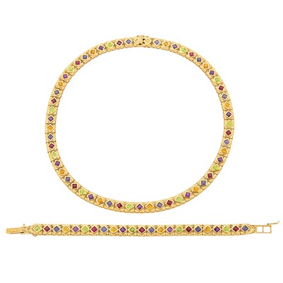 Lot 1236 - Gold and Colored Stone Necklace and Bracelet