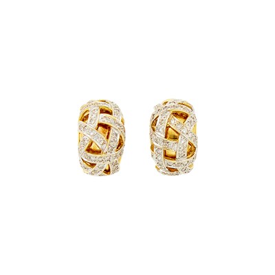 Lot 1042 - Pair of Two-Color Gold and Diamond Half-Hoop Earrings