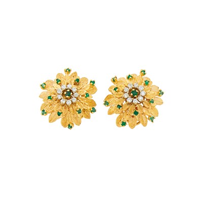 Lot 1232 - Pair of Gold, Green Onyx and Diamond Flower Earrings