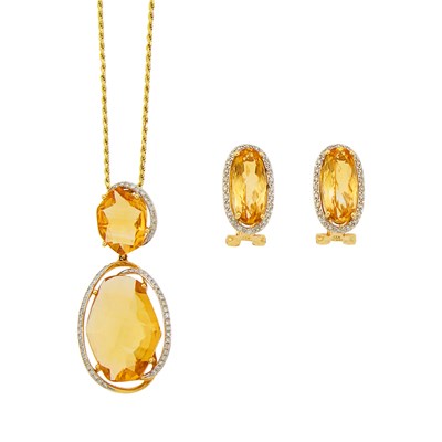 Lot 1201 - Pair of Two-Color Gold, Citrine and Diamond Earrings and Pendant-Necklace