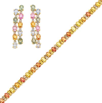 Lot 1041 - Gold, Multicolored Sapphire and Colored Diamond Bracelet and Pair of Multicolored Sapphire and Diamond Fringe Earrings