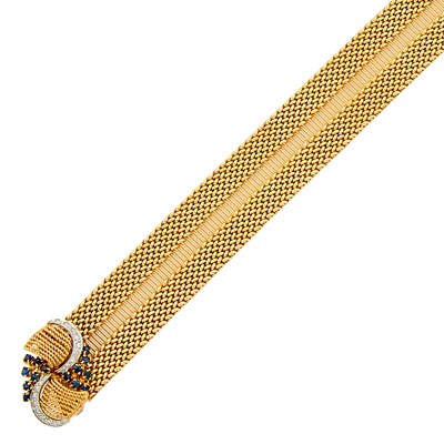 Lot 1059 - Two-Color Gold, Sapphire and Diamond Slide Mesh Bracelet