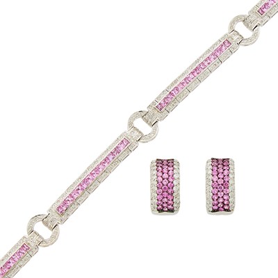 Lot 1192 - White Gold, Pink Sapphire and Diamond Bracelet and Pair of Hoop Earrings