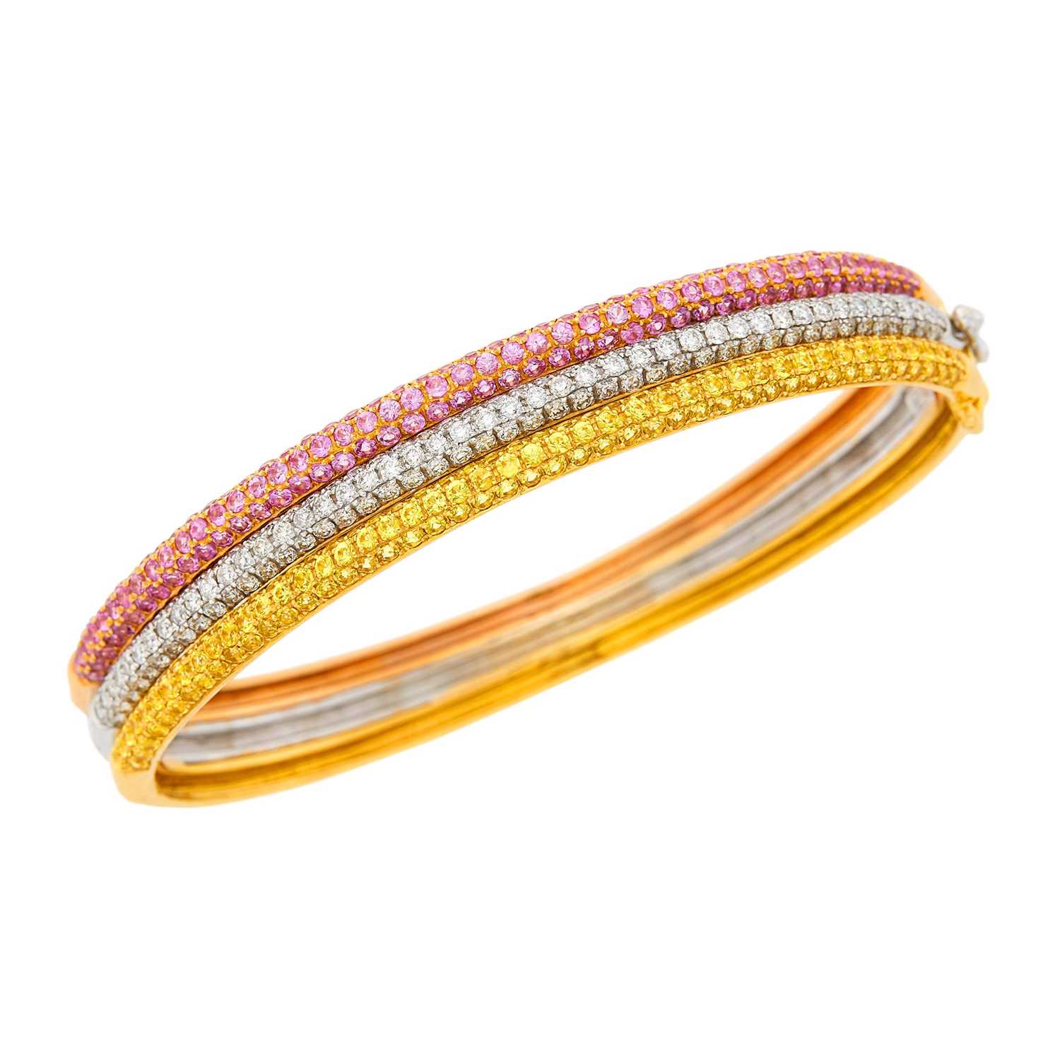 Lot 74 - Tricolor Three Row Gold, Pink and Yellow Sapphire and Diamond Bangle Bracelet