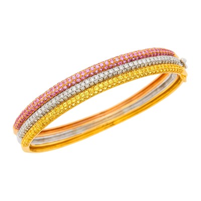 Lot 74 - Tricolor Three Row Gold, Pink and Yellow Sapphire and Diamond Bangle Bracelet