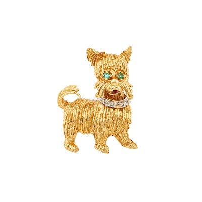 Lot 1079 - Two-Color Gold, Emerald and Diamond Dog Brooch