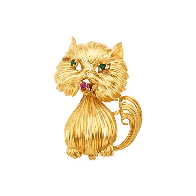 Lot 1060 - Gold, Emerald and Ruby Cat Brooch