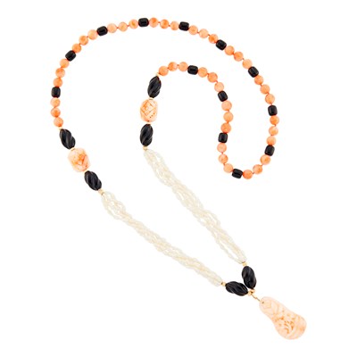 Lot 2039 - Long Coral, Carved Angel Skin Coral and Black Onyx Bead, Baroque Freshwater Pearl and Gold Sautoir Necklace