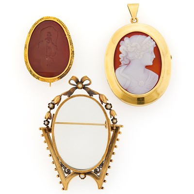 Lot 2198 - Three Antique Gold, Intaglio, Cameo and Locket Pendants and Brooches