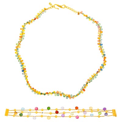 Lot 107 - Gold and Multicolored Sapphire Briolette Necklace and Marco Bicego Triple Strand Colored Stone Briolette Bracelet