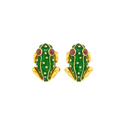 Lot 1138 - Hidalgo Pair of Gold, Green Enamel and Cabochon Ruby Frog Earrings