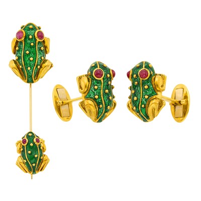 Lot 1044 - Hidalgo Pair of Gold, Green Enamel and Cabochon Ruby Frog Cufflinks and Jabot