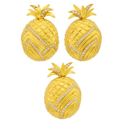 Lot 58 - Boucheron Pair of Gold and Diamond 'Pineapple' Earclips and Clip-Brooch, France