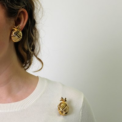 Lot 58 - Boucheron Pair of Gold and Diamond 'Pineapple' Earclips and Clip-Brooch, France