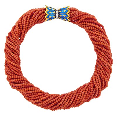 Lot 103 - Schlumberger Paris Multistrand Coral Bead Torsade Necklace with Gold, Platinum, Blue Enamel and Diamond Clasp