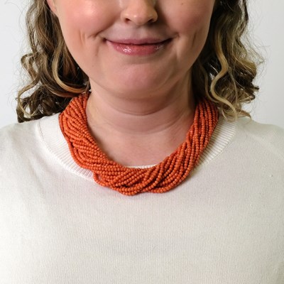 Lot 103 - Schlumberger Paris Multistrand Coral Bead Torsade Necklace with Gold, Platinum, Blue Enamel and Diamond Clasp
