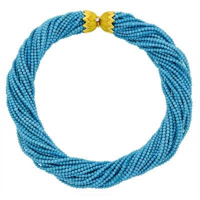 Lot 111 - Multistrand Turquoise Bead Torsade Necklace with Gold and Diamond Clasp